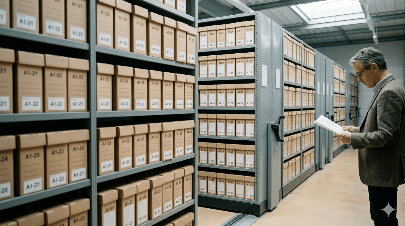Salle d'archives à valeur probante, rayonnages numérotés, conservation longue durée