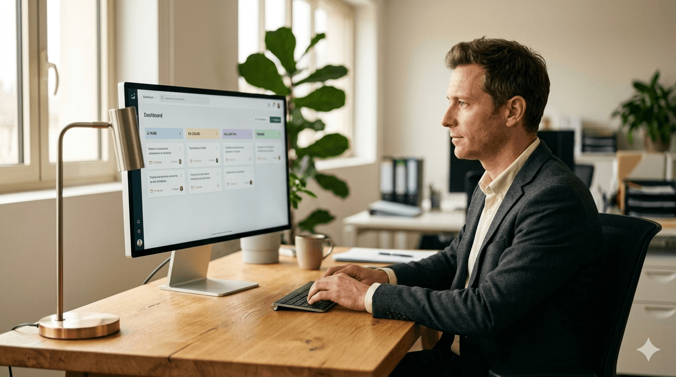 Cadre concentré pilotant un workflow documentaire automatisé sur écran