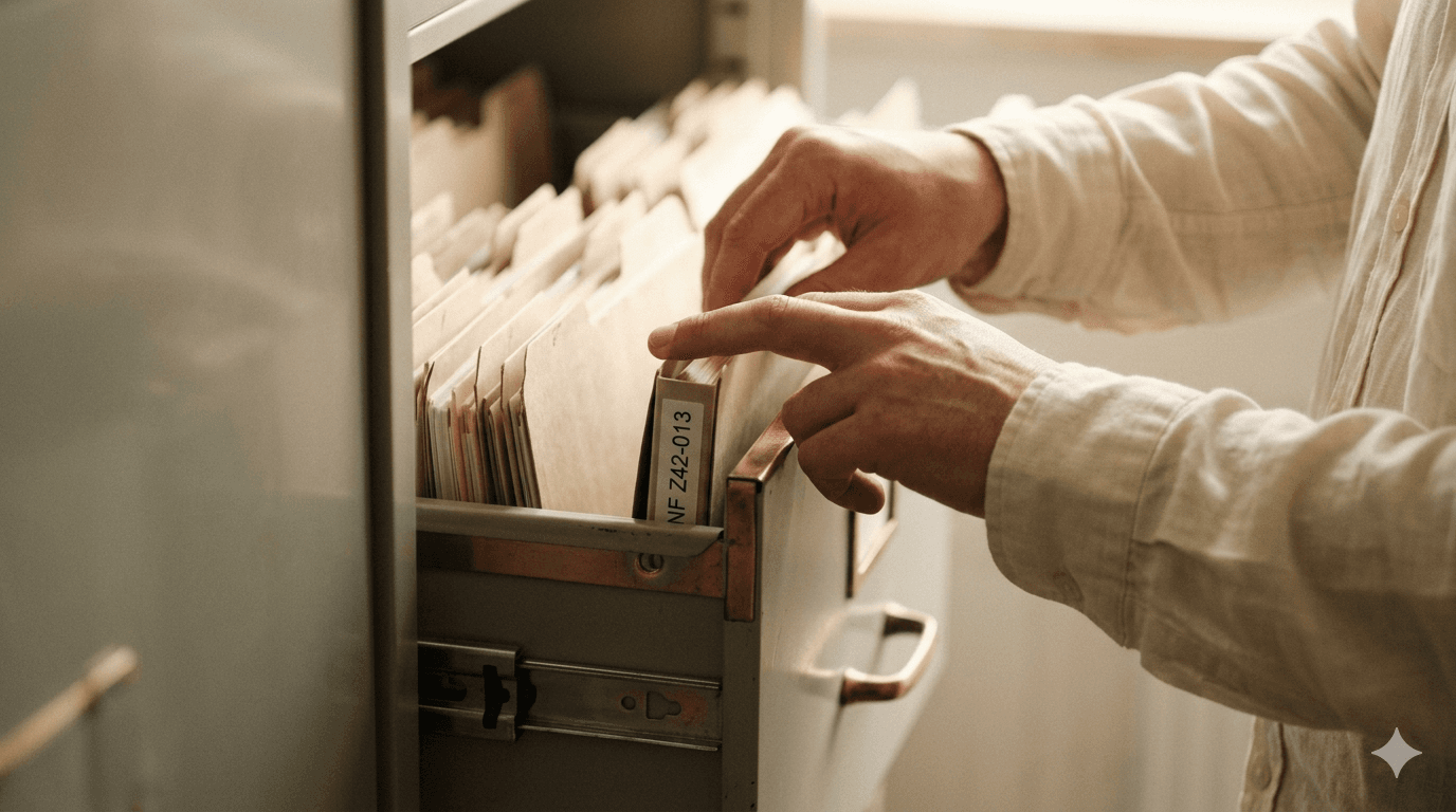 Détail d'une main qui dépose un document dans un classeur, geste artisan