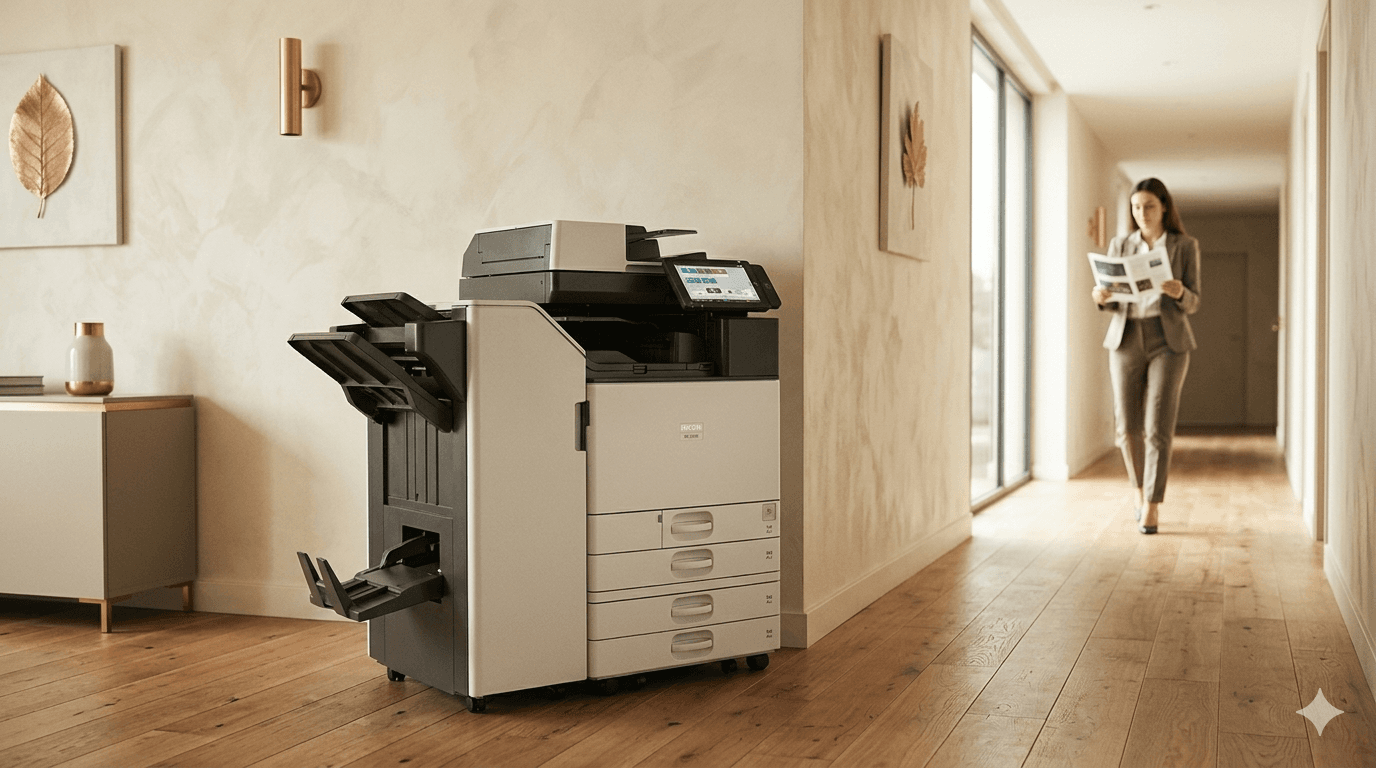 Multifonction Ricoh installé dans un bureau professionnel, ambiance ClearDoc