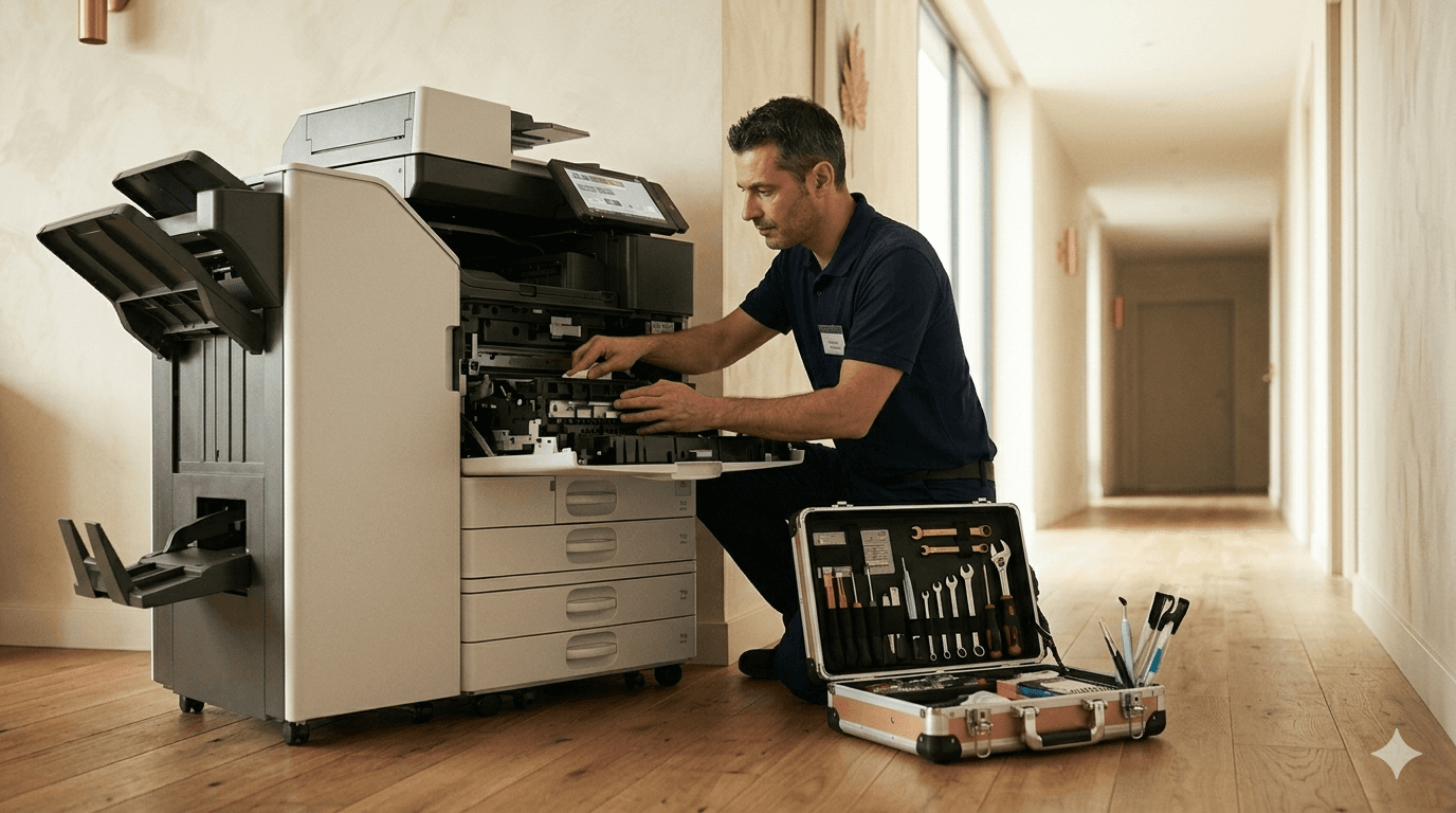 Technicien certifié Ricoh installant un multifonction sur site client